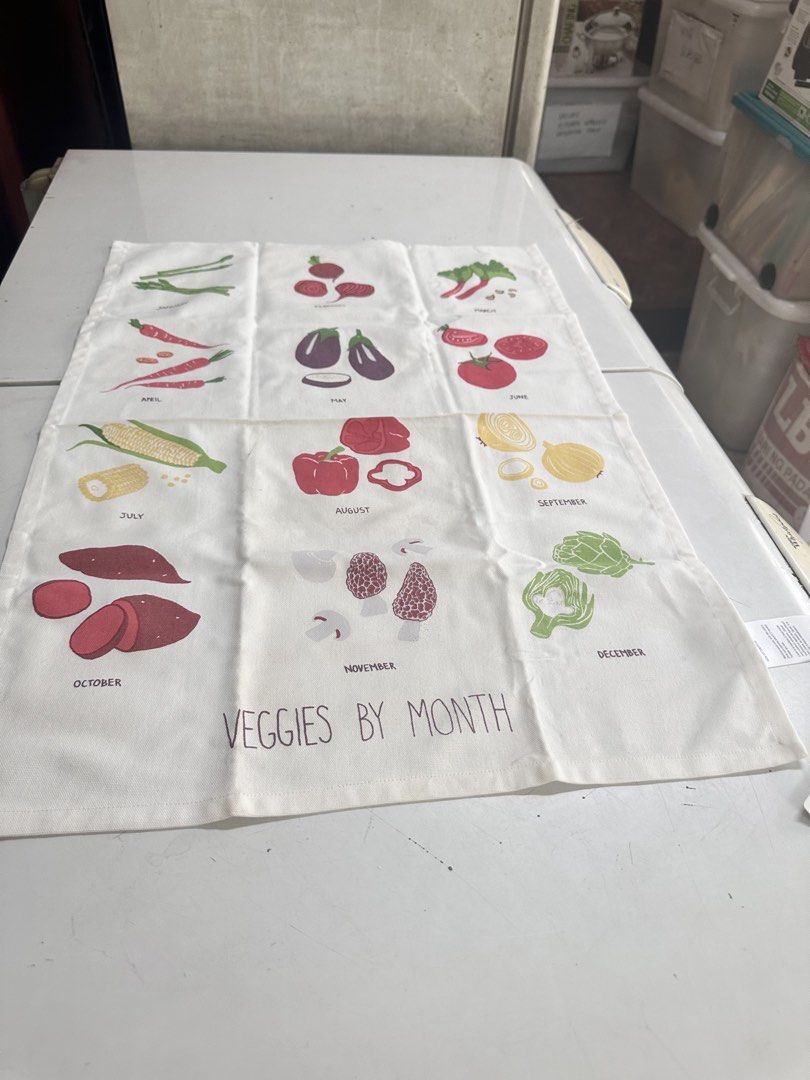 Home Veggies by Month Table Cloth (Category: Bedding & Towels) located in Quezon City. Submitted by mystictiger.019d9c (Listing ID 1438107721, Image 1). Description: - Colorful vegetable design by month - Made of soft cotton - Includes care label with washing instructions - Made in India - Perfect for any kitchen! - Size: 20” x 28”.