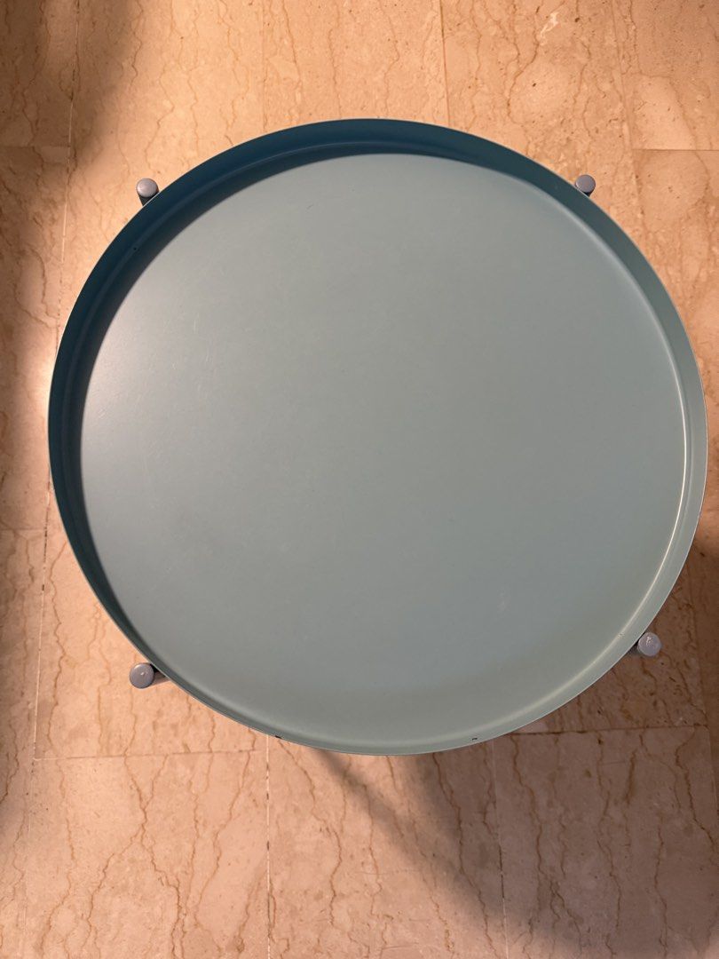 IKEA Side Table - Blue & Green (Category: Tables & Sets) located in Singapore. Submitted by jmlmaimai (Listing ID 1437947263, Image 2). Description: - Stylish blue IKEA side table - Ideal for small spaces - Minimal signs of wear - Easy to assemble - Easy to move around - One in light blue, one in forest green - Made from metal material.