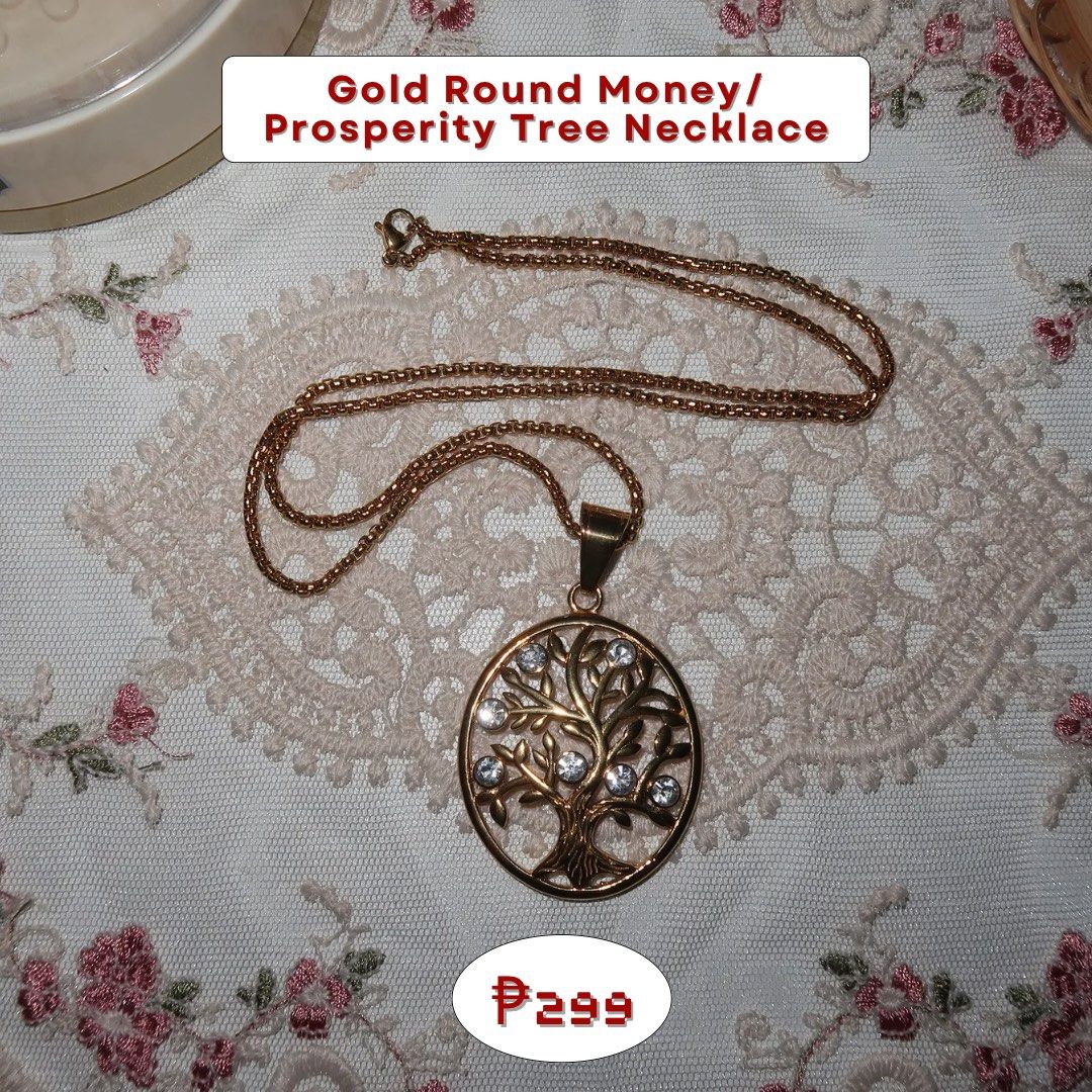 Gold Round Money/Prosperity Tree Necklace (Category: Necklaces) located in Calamba. Submitted by declutter.rebski (Listing ID 1438084001, Image 1). Description: Gold Round Money/Prosperity Tree Necklace ₱299 ⤿ high quality, non-tarnish stainless steel jewelry ⤿ hypoallergenic + does not fade over time ⤿ all items are brand new — not preloved & never used! ⤿ each piece comes with its own jewelry case / clear organizer ⤿ onhand and ready to ship ⤿ 