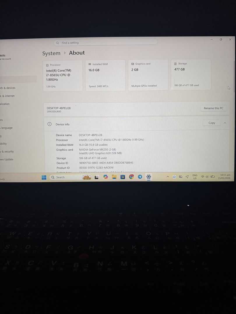 Lenovo T490 Laptop (Category: Laptops & Notebooks) located in Las Pinas. Submitted by lalalaaaaab (Listing ID 1438073008, Image 3). Description: Lenovo ThinkPad T490 For Sale 💻 ✔ Intel Core i7-8565U ✔ 16GB RAM ✔ NVIDIA GeForce MX250 2GB ✔ 512GB SSD ✔ Battery health around 83% ✔ Smooth and fast performance ✔ Good for work, school, editing, and light gaming ✔ With original charger No issue, ready to use. Price: ₱25,000 negotiable PM sa interested 