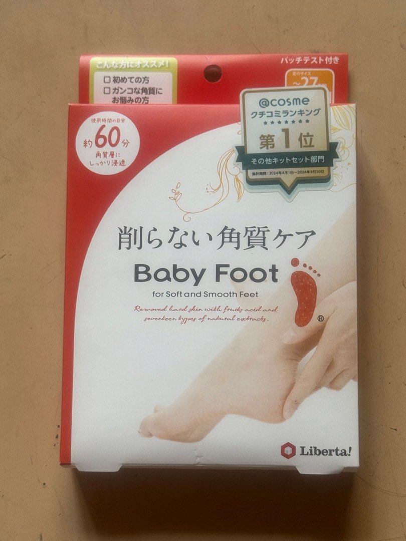 Liberta Baby Foot (Category: Foot Care) located in Manila. Submitted by urbantrendsetter (Listing ID 1437987238, Image 1). Description: This is a Liberta Baby Foot Easy Pack 60-Minute type foot peeling mask in size M. Foot Masks EASY PACK , 60-min, made in Japan - M (~27cm) [Product Features] • Sock-type foot mask, simple 3-step process: wear, soak, rinse • Dead skin begins peeling naturally after about 1 week, leaving baby-soft feet • Contains k
