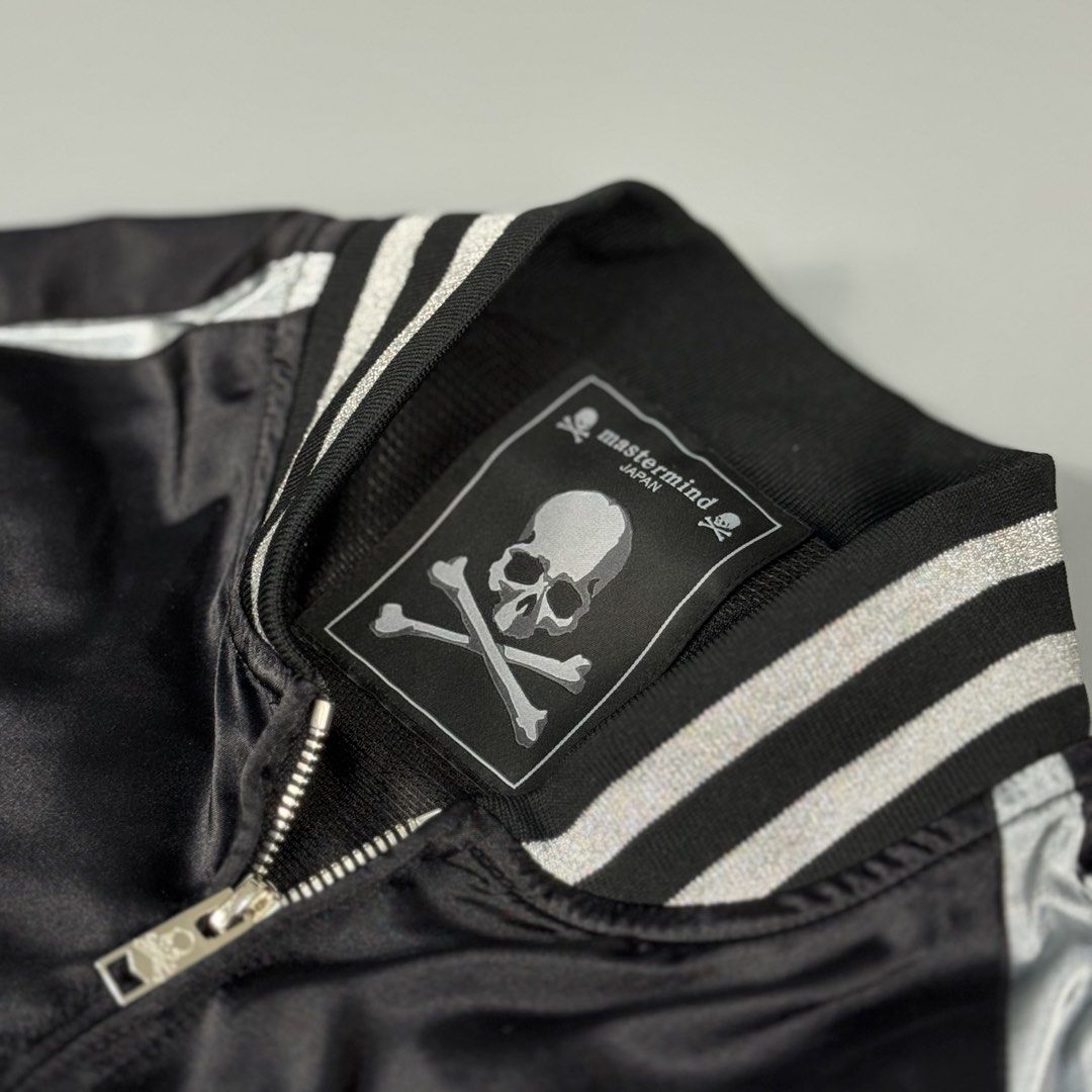 Mastermind Japan - Embroidered Skull Silk Bomber - Jacket (Category: Coats, Jackets and Outerwear) located in Dasmarinas. Submitted by F_A_Q (Listing ID 1438002434, Image 3). Description: Size : Large - 22 In. Width - 27 In. Length - 31.5 In. Shoulder to Fit - 18 In. Hem ( Stretch) 9.5/10 Overall usage No issue Made in Japan .