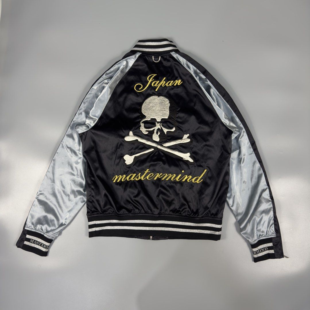 Mastermind Japan - Embroidered Skull Silk Bomber - Jacket (Category: Coats, Jackets and Outerwear) located in Dasmarinas. Submitted by F_A_Q (Listing ID 1438002434, Image 2). Description: Size : Large - 22 In. Width - 27 In. Length - 31.5 In. Shoulder to Fit - 18 In. Hem ( Stretch) 9.5/10 Overall usage No issue Made in Japan .