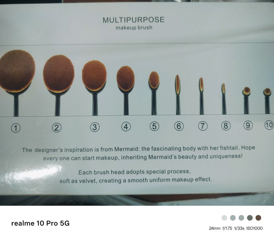 Mermaid Multipurpose Makeup Brush Set (Category: Makeup) located in Manila. Submitted by cleverturtle-2982 (Listing ID 1438038538, Image 2). Description: - 10-piece makeup brush set - Soft, oval-shaped brush heads - Black handles - Creates a smooth, uniform makeup effect - Comes in a white box with 'Mermaid Multipurpose Brush' printed on it - Inspired by the beauty of mermaids.
