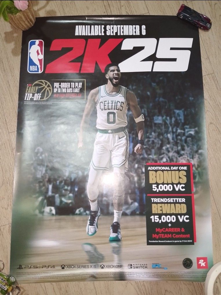 NBA 2K25 metalized & promotional poster (Category: Raw Singles) located in Caloocan City. Submitted by .7912. (Listing ID 1438095320, Image 2). Description: Selling as set metalized poster sealed promotional poster( rolled) has a tear at the bottom 🛵Lalamove only 📍 North Caloocan.