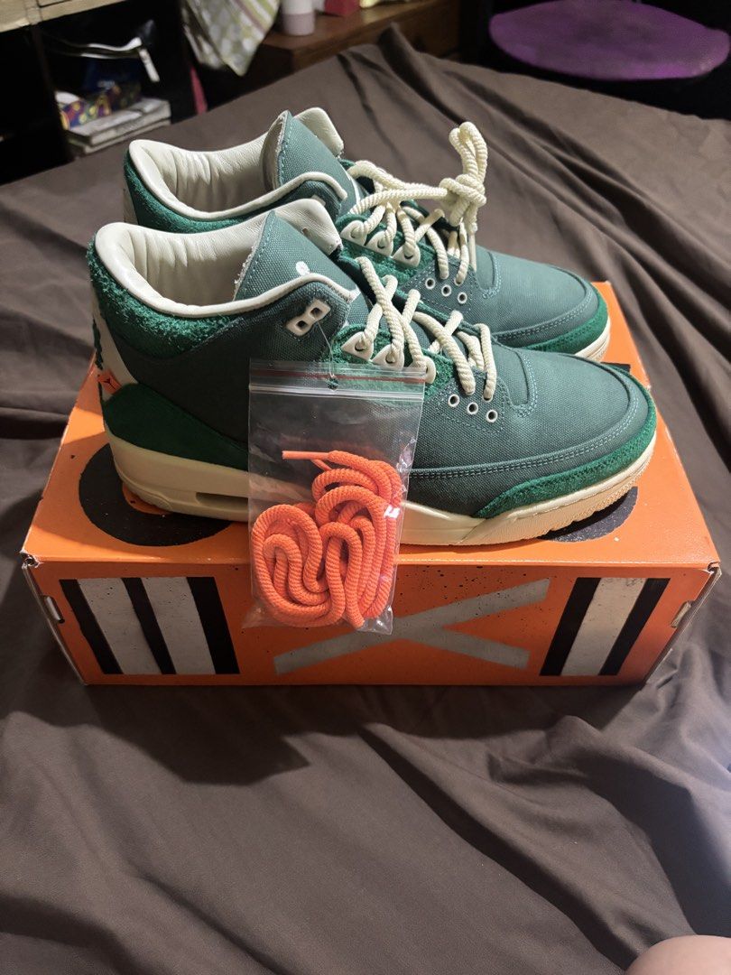 Nike Air Jordan 3 Retro x Nina Chanel Abley (Category: Sneakers) located in Manila. Submitted by bwiannnaaa (Listing ID 1438104218, Image 1). Description: - Air Jordan 3 Retro - Green and cream colorway - Includes original box - Extra pair of orange laces - Nike Air logo on heel - Cream-colored midsoles - Green suede accents - Unique box design.