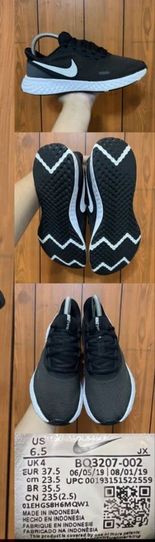 Nike Revolution 5 Black White Sneakers (Category: Sneakers) located in Manila. Submitted by cloestore (Listing ID 1438072032, Image 2). Description: - Nike Revolution 5 sneakers - Color: Black and White - Size: US 6.5, UK 4, EUR 37.5, CM 23.5 - Features: Breathable mesh upper, cushioned midsole - Design: Classic Nike swoosh logo - Made in Indonesia.