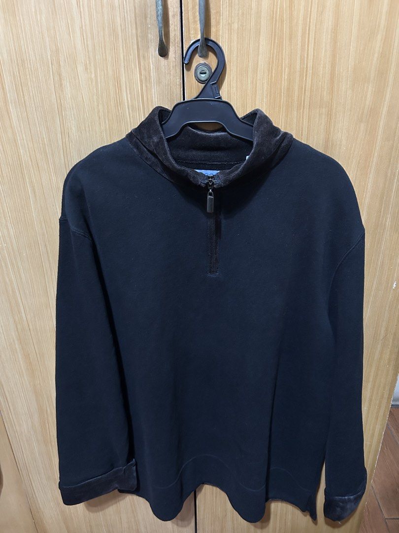 Pacer Black Pullover Quarter-Zip Sweater (Category: Coats, Jackets and Outerwear) located in Manila. Submitted by dancco (Listing ID 1438082061, Image 1). Description: - Pacer black pullover sweater - Size: Large - Features: - Zip-up collar with brown velvet trim - Velvet cuffs - Silver zipper - Material: Cotton/Polyester blend - Dimensions: 24 x 28.5 inches.
