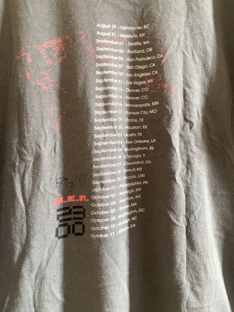 R.E.M. 2003 Tour T-Shirt (Category: Tshirts & Polo Shirts ) located in Bocaue. Submitted by pards23 (Listing ID 1437939617, Image 3). Description: - Vintage R.E.M. 2003 tour t-shirt - Features band graphic on front - Tour dates listed on the back - Color: Gray - Size: M - Brand: American Apparel - dimes W20 L26.5.