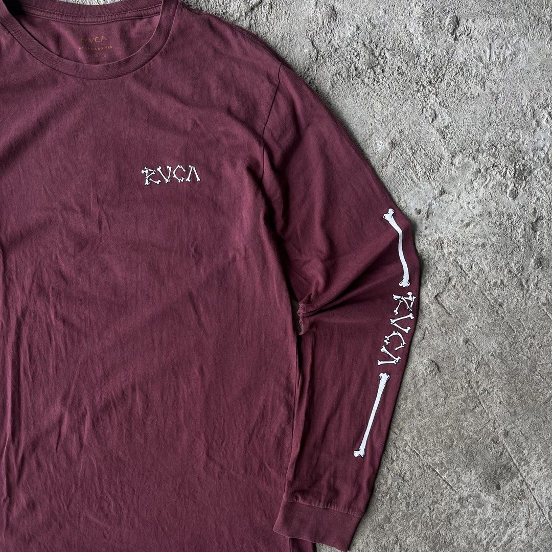 RVCA Skeleton Long Sleeve Shirt (Category: Tshirts & Polo Shirts ) located in Manila. Submitted by lesterrrrrr (Listing ID 1437972310, Image 2). Description: RVCA maroon long sleeve shirt. Features skeleton design on sleeves and back. RVCA logo present. Comfortable fabric, crew neck, and long sleeves..