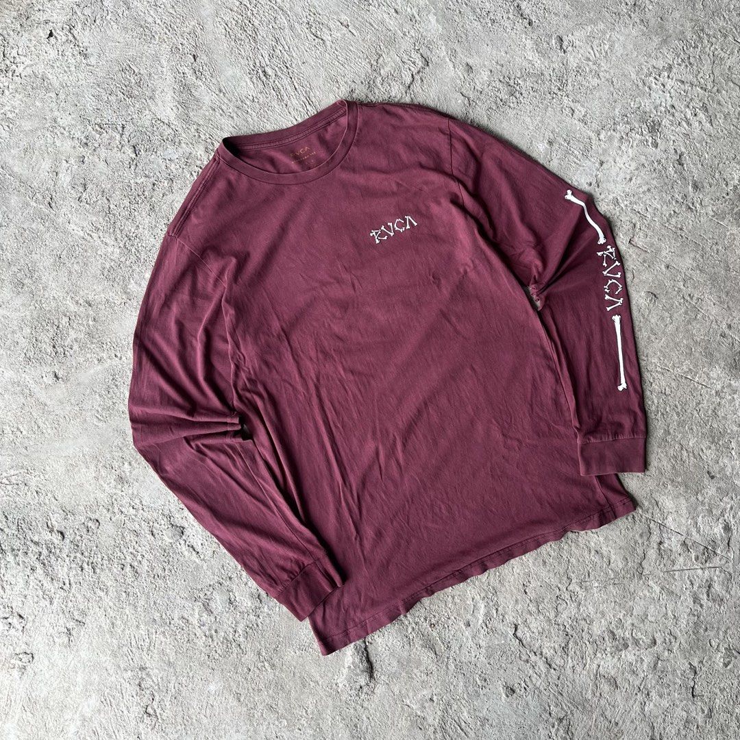 RVCA Skeleton Long Sleeve Shirt (Category: Tshirts & Polo Shirts ) located in Manila. Submitted by lesterrrrrr (Listing ID 1437972310, Image 1). Description: RVCA maroon long sleeve shirt. Features skeleton design on sleeves and back. RVCA logo present. Comfortable fabric, crew neck, and long sleeves..
