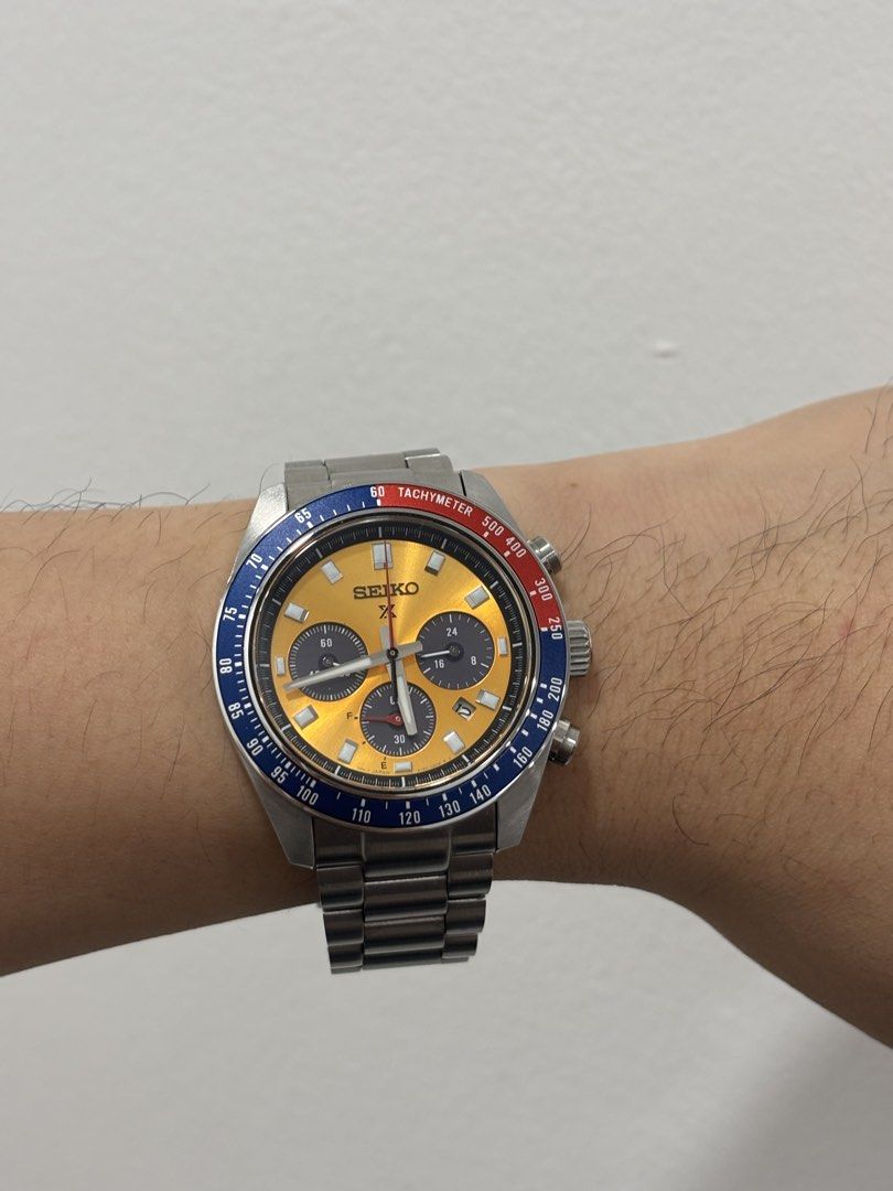 Seiko Prospex Speedtimer Pogue Solar Chronograph Watch (Category: Men's Watches) located in Paranaque City. Submitted by manilasales (Listing ID 1437963488, Image 3). Description: - Seiko Prospex Speedtimer Pogue Solar Chronograph Watch - Gold dial with blue and red accents - Stainless steel bracelet - Tachymeter bezel - Three sub-dials - Date display - Seiko logo - Slightly Used with slight scratches at the back only.