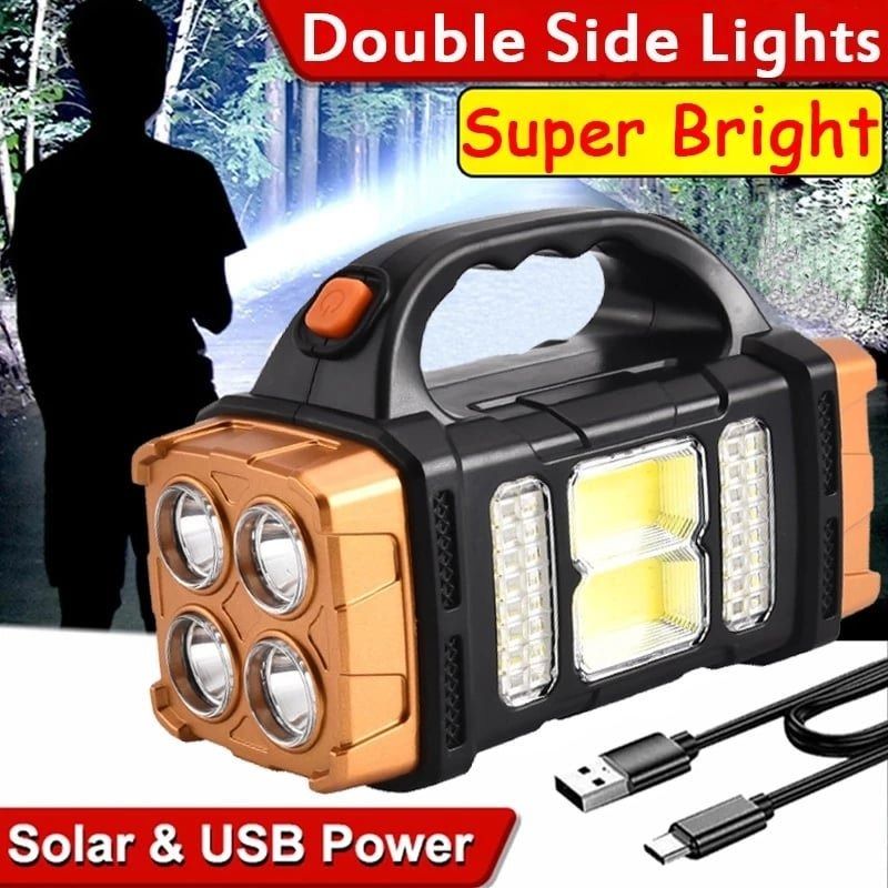 Solar flashlight rechargeable heavy duty flashlight long range search light big flashlight (Category: Hiking & Camping) located in Caloocan City. Submitted by salvanter. (Listing ID 1437955598, Image 3). Description: - Heavy-duty solar rechargeable flashlight - Long-range searchlight - Can be used as a power bank - Double-side lights with independent switches - Solar and USB charging - 4 modes - Perfect for camping, outdoor work, and emergencies.