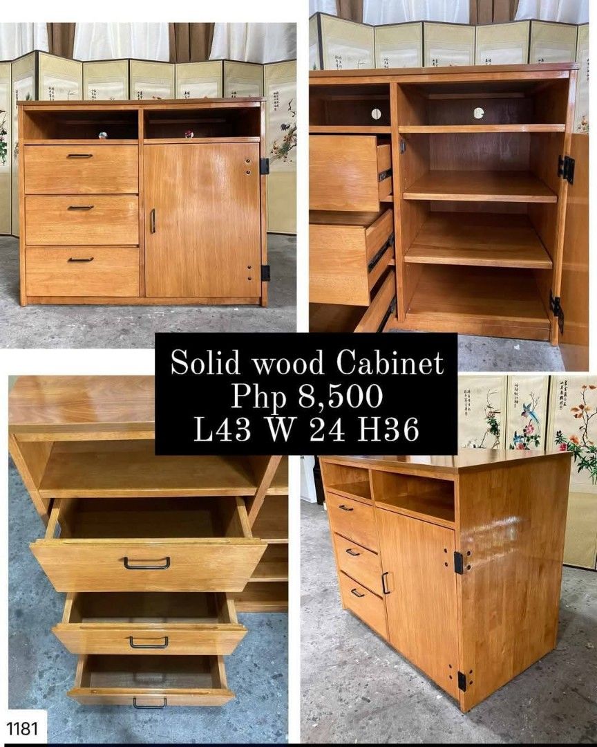 Solid Wood Cabinet with Drawers (Category: Shelves, Cabinets & Racks) located in Bulacan. Submitted by aj000128 (Listing ID 1438075108, Image 1). Description: - Solid wood cabinet - Multiple drawers and cabinet door - Light brown finish - Features a top shelf and open shelving inside the cabinet door - Dimensions: L43 W24 H36 - Perfect for storage and organization.