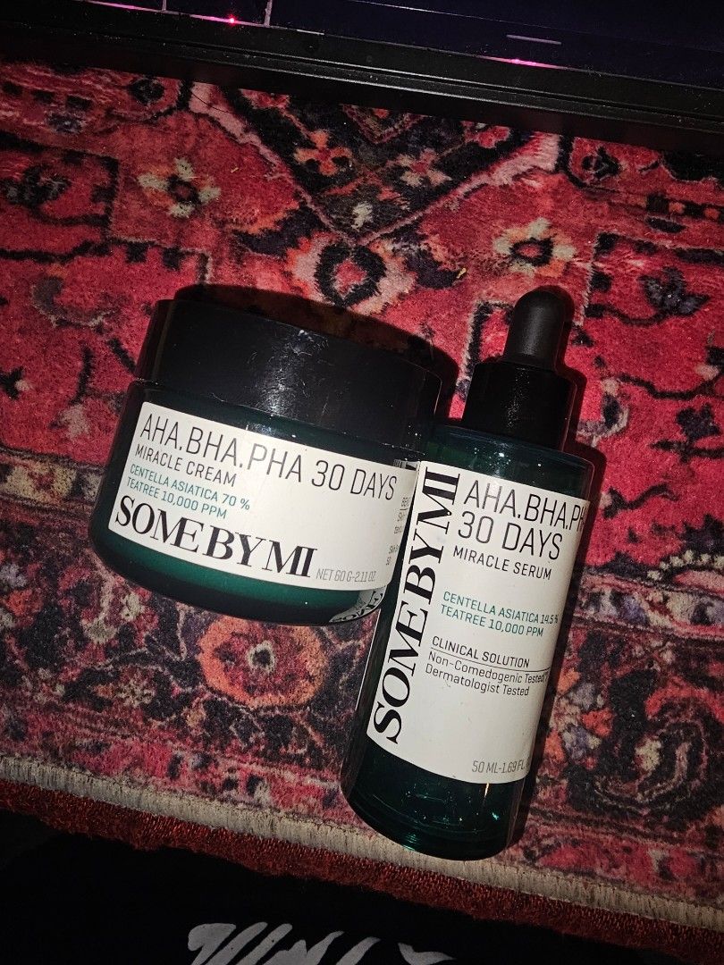 Some By Mi AHA BHA PHA 30 Days Skincare Set (Category: Face Care) located in Manila. Submitted by cookienginamerlz (Listing ID 1438076131, Image 2). Description: - Some By Mi Acne Clear Set - Includes: AHA BHA PHA 30 Days Miracle Acne Clear Foam 100 mL (50% full) Miracle Cream 60g (60% full) Miracle Serum 50 mL (80% full) - Expiry all 2028.