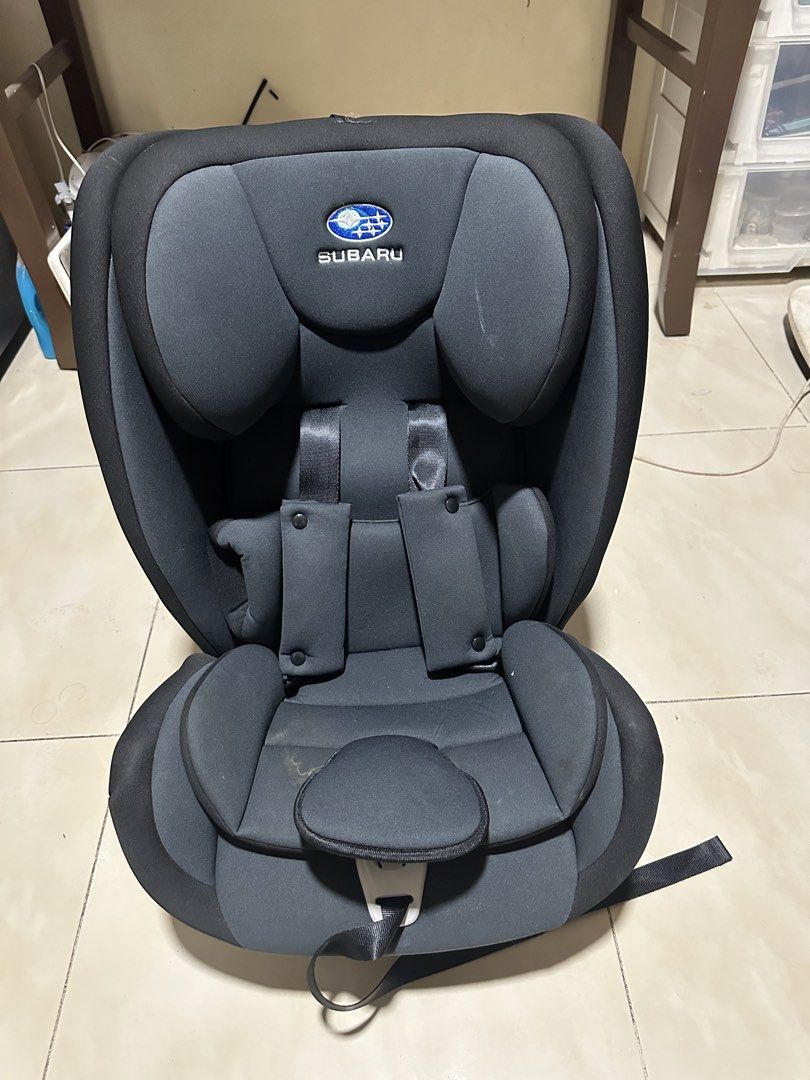 Subaru Car Seat (Category: Car Seats) located in Quezon City. Submitted by sairylpali (Listing ID 1438077944, Image 2). Description: - Black and gray Subaru car seat - Secure harness system - Supportive headrest for added safety - Comfortable seat padding - Sturdy base for easy installation - Features the Subaru logo - just need to clean and good to go.