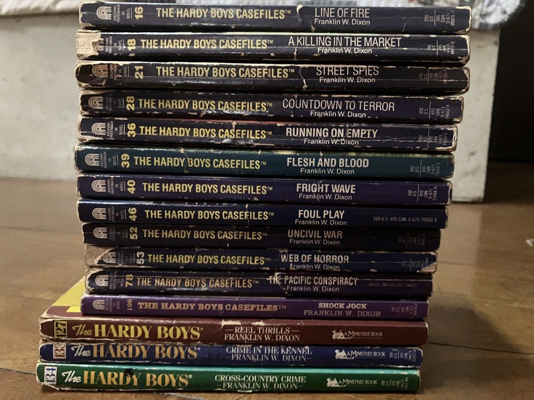 The Hardy Boys Casefiles Books (Category: Storybooks) located in Quezon City. Submitted by orangenickel (Listing ID 1438005014, Image 1). Description: 16 Line of Fire 18 A Killing in the Market 21 Street Spies 28 Countdown to Terror 36 Running on Empty 39 Flesh and Blood 40 Fright Wave 46 Foul Play 52 Uncivil War 53 Web of Horror 78 The Pacific Conspiracy 106 Shock Jock PHP 70: 127 Reel Thrills 133 Crime in the Kennel 134 Cross-Country Crime.