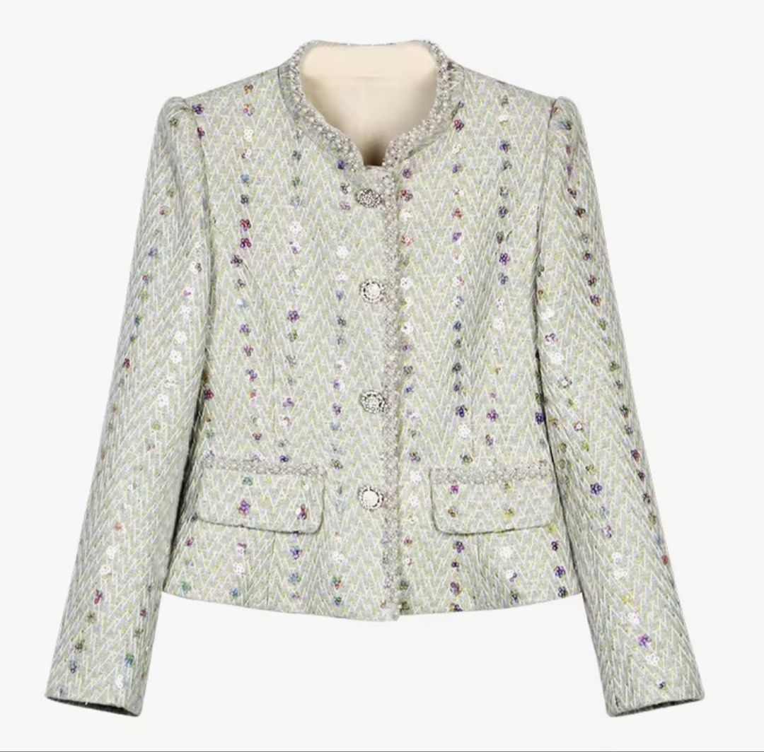 Tweed Jacket with Pearl Embellishments (Category: Coats, Jackets and Outerwear) located in Iligan City. Submitted by johairahco82606 (Listing ID 1437939238, Image 1). Description: - Tweed jacket - Round neckline - Pearl detailing - Floral pattern - Decorative buttons - Two front pockets - Tailored fit - Adds sophistication.