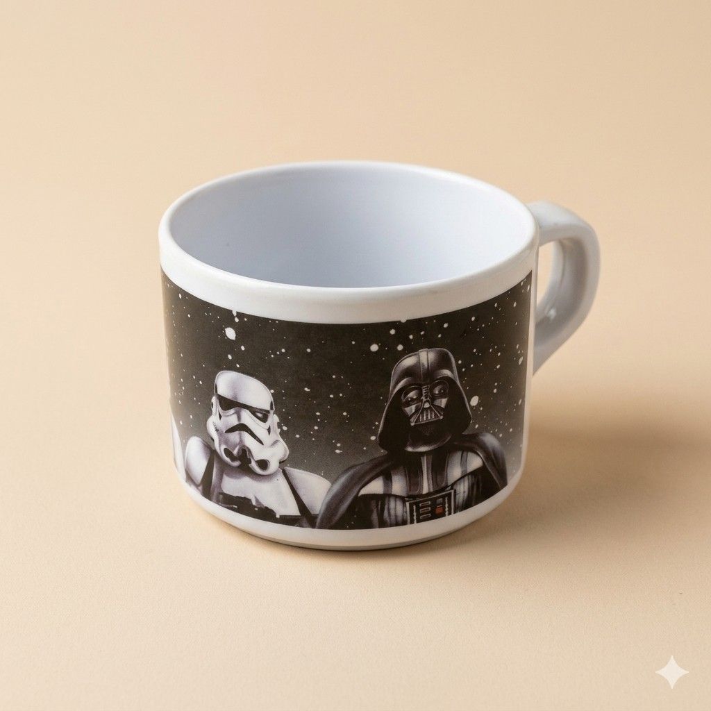 Vintage Star Wars Character Mug - Darth Vader & Stormtrooper (Category: Coffee & Tea Tableware) located in Quezon City. Submitted by lem1998 (Listing ID 1438097784, Image 2). Description: Bring the power of the Force to your morning coffee with this authentic vintage Star Wars collectible mug. Featuring iconic high-contrast graphics of Darth Vader and a Stormtrooper set against a galactic starscape, this piece is a must-have for any serious fan o