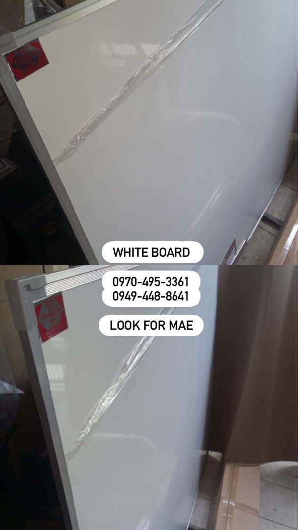 White Board (Category: Stationery & School Supplies) located in Manila. Submitted by krissa14 (Listing ID 1437997840, Image 1). Description: - Brand new whiteboard. - Still in original plastic wrapping. - Contact Mae for inquiries: - 0970-495-3361 - 0949-448-8641.