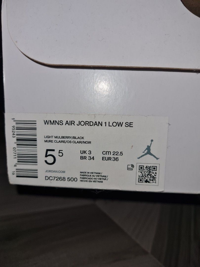 WMNS Air Jordan 1 Low SE (Category: Sneakers) located in Batangas. Submitted by mariroz (Listing ID 1437966705, Image 3). Description: 💯 original - Air Jordan 1 Low SE - Color: Light Mulberry/Light Bone/Black - Black laces and Nike swoosh - Size: EUR 36, UK 3, BR 34, US 5.5 - Style Code: DC7268 500 - Comes with original box.