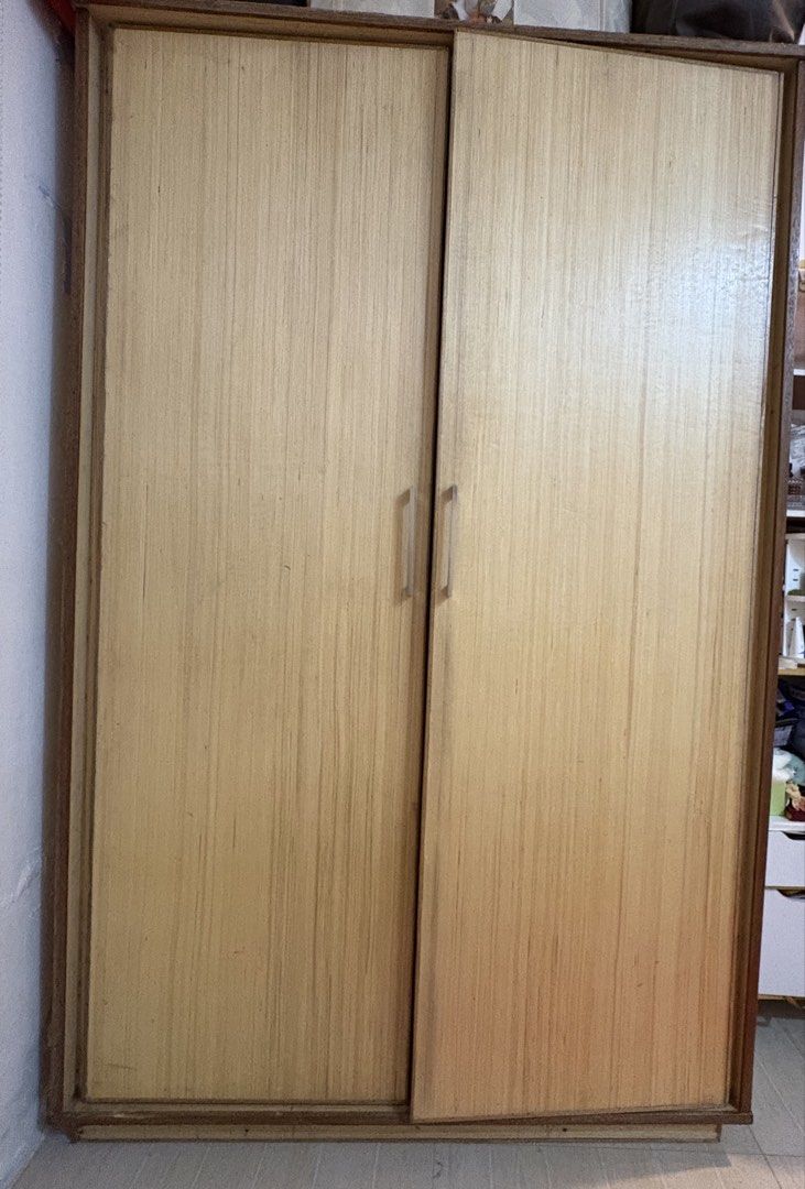 Wooden Wardrobe with Shelf palochina (Category: Shelves, Cabinets & Racks) located in Manila. Submitted by tindahan_ni.alingnena (Listing ID 1437967430, Image 2). Description: - Wooden wardrobe - Sliding doors - Hanging rod - Multiple shelves - Bottom drawer - Light wood finish - Simple design - Suitable for various room styles - Ample storage space.