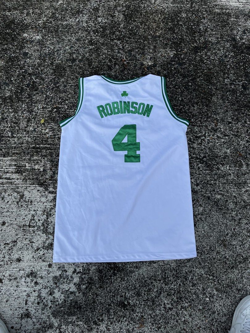 Adidas Boston Celtics Robinson Jersey (Category: Activewear) located in Trece Martires City. Submitted by slygod (Listing ID 1438133185, Image 2). Description: - Official Adidas Boston Celtics jersey - Features "Robinson" and "4" on the back - White with green accents - Includes NBA and Adidas logos - Men's size.