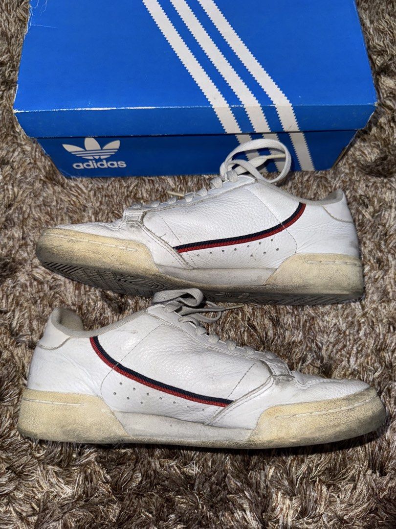 Adidas Continental 80 White Sneakers (Category: Sneakers) located in Valenzuela. Submitted by gracemuy (Listing ID 1438154240, Image 3). Description: Adidas Continental 80 color: White condition: 5/10 Used, Well loved, Cleaned size: US Men’s 7 / UK 6.5 / 24.6CM 100% Authentic - bought in Adidas Trinoma ₱500 (₱5,300 SRP).