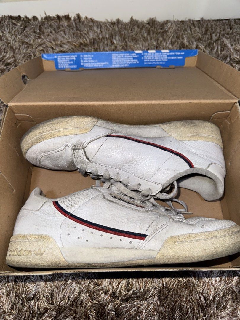 Adidas Continental 80 White Sneakers (Category: Sneakers) located in Valenzuela. Submitted by gracemuy (Listing ID 1438154240, Image 1). Description: Adidas Continental 80 color: White condition: 5/10 Used, Well loved, Cleaned size: US Men’s 7 / UK 6.5 / 24.6CM 100% Authentic - bought in Adidas Trinoma ₱500 (₱5,300 SRP).