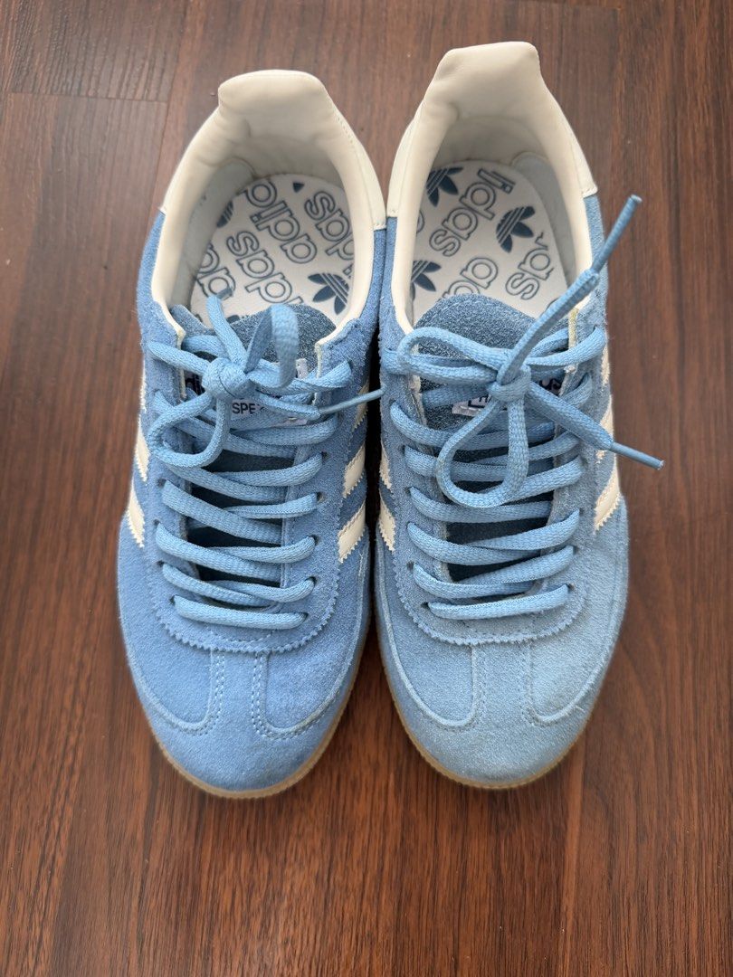 Adidas Spezial Blue Sneakers (Category: Sneakers) located in Marikina City. Submitted by ukaiiukai (Listing ID 1438160143, Image 2). Description: - Adidas Spezial sneakers (Class A only) - Light blue suede upper - Classic white three stripes - Adidas logo pattern on insoles - Light brown soles - Minor sole wear.
