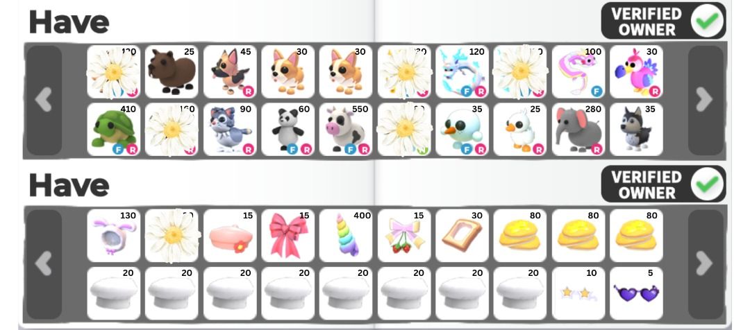 Adopt Me Pets and Accessories (Category: In-Game Products) located in Caloocan City. Submitted by lenzjsee (Listing ID 1438204085, Image 1). Description: - Adopt Me pets and accessories for sale! - Pets available: Brown bear, dog, corgi, turtle, cat, panda, cow, swan, elephant, and husky. - Accessories: Hat, bow, and frame. - Prices clearly indicated in the images. - From a verified, trusted seller..