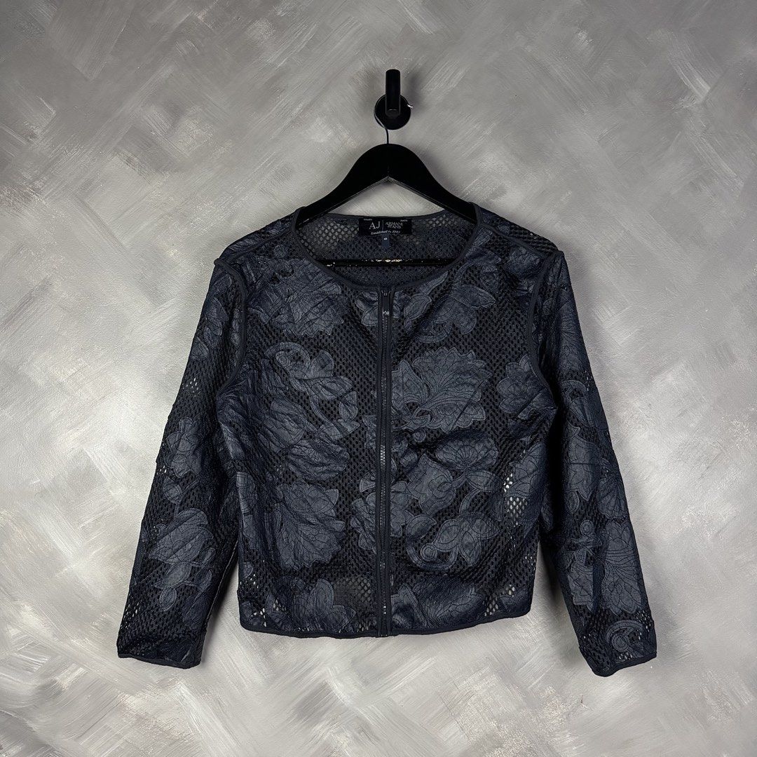 Armani Jeans Leather Floral Mesh Jacket (Category: Coats, Jackets and Outerwear) located in Manila. Submitted by heatthrifts (Listing ID 1438121341, Image 1). Description: - Armani Jeans jacket - Floral mesh design - Full-length zipper - Long sleeves - Dark color (navy or black) - Size 40 - Made in China.