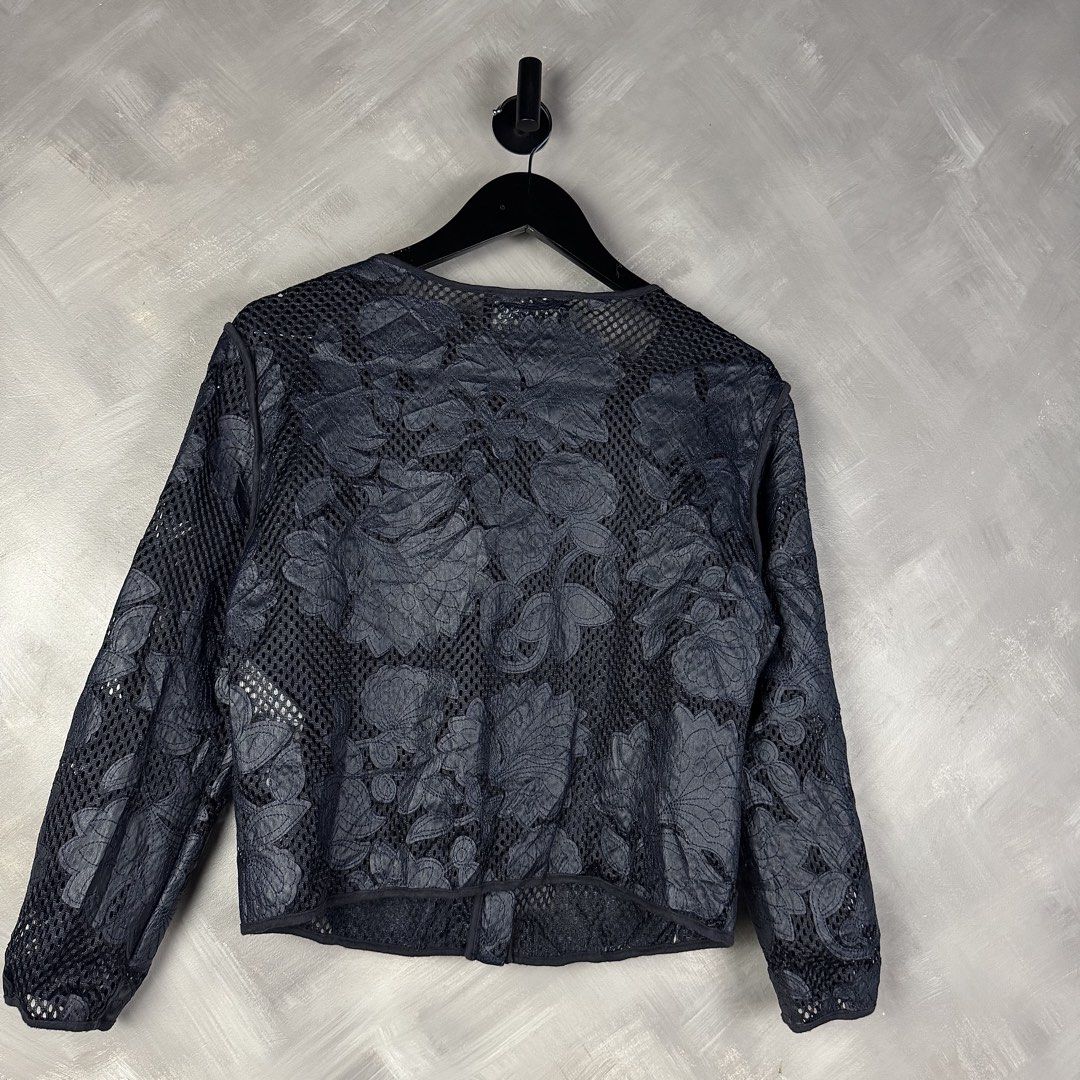 Armani Jeans Leather Floral Mesh Jacket (Category: Coats, Jackets and Outerwear) located in Manila. Submitted by heatthrifts (Listing ID 1438121341, Image 3). Description: - Armani Jeans jacket - Floral mesh design - Full-length zipper - Long sleeves - Dark color (navy or black) - Size 40 - Made in China.