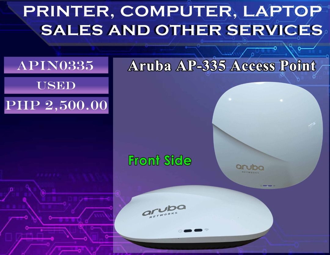 Aruba Networks APIN0335 Wireless Access Point Model Ap-335 (Category: Office & Business Technology) located in Binan City. Submitted by chloe_sales (Listing ID 1438157282, Image 1). Description: The Aruba AP-335 access point is used to create high-performance wireless networks for businesses. ✔️ Used ✔️ 100% good working condition ✔ Customers are responsible for the configuration ✔️ AP-335 (controller-managed) and IAP-335 (Instant): 802.11ac – 5 