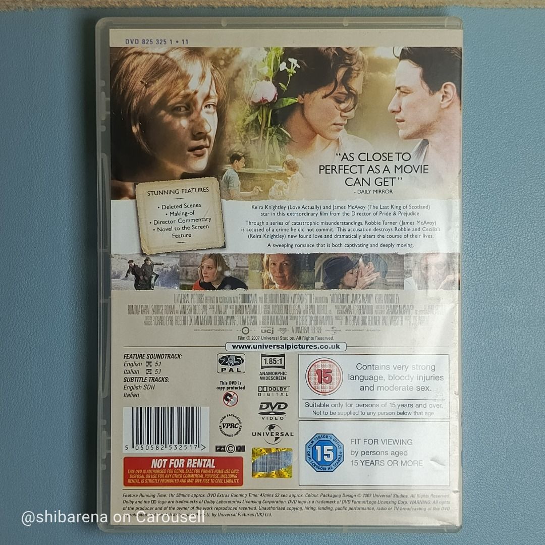 Atonement DVD - Region 2,5 PAL (Category: CDs & DVDs) located in Cebu City. Submitted by shibarena (Listing ID 1438138379, Image 2). Description: - Atonement DVD - Region 2,5 PAL (Pre-owned) - Starring James McAvoy and Keira Knightley - Based on Ian McEwan's best-selling novel - Includes special features ⚠️ Please ensure your DVD player supports Region 2 or 5 (PAL) before purchase..