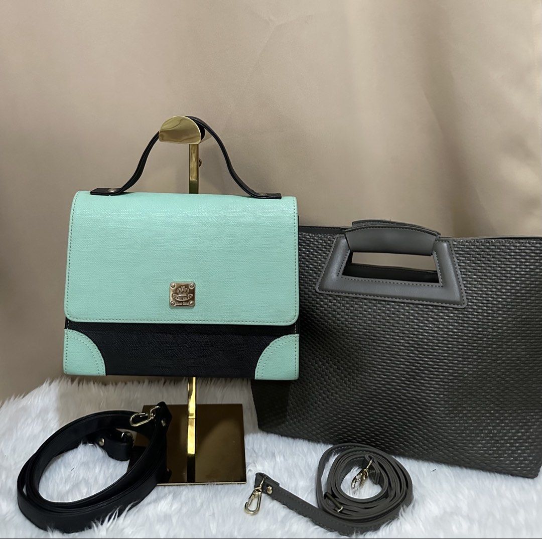 Bananaba Handbag Bundle (Category: Luxury Bags & Wallets) located in Rizal. Submitted by stuffbuyph (Listing ID 1438124471, Image 2). Description: - Bundle includes two handbags. - Bag 1: (BANABANA) Mint green and black, top handle, detachable strap. - Bag 2: Dark grey bag, top handle, detachable strap..