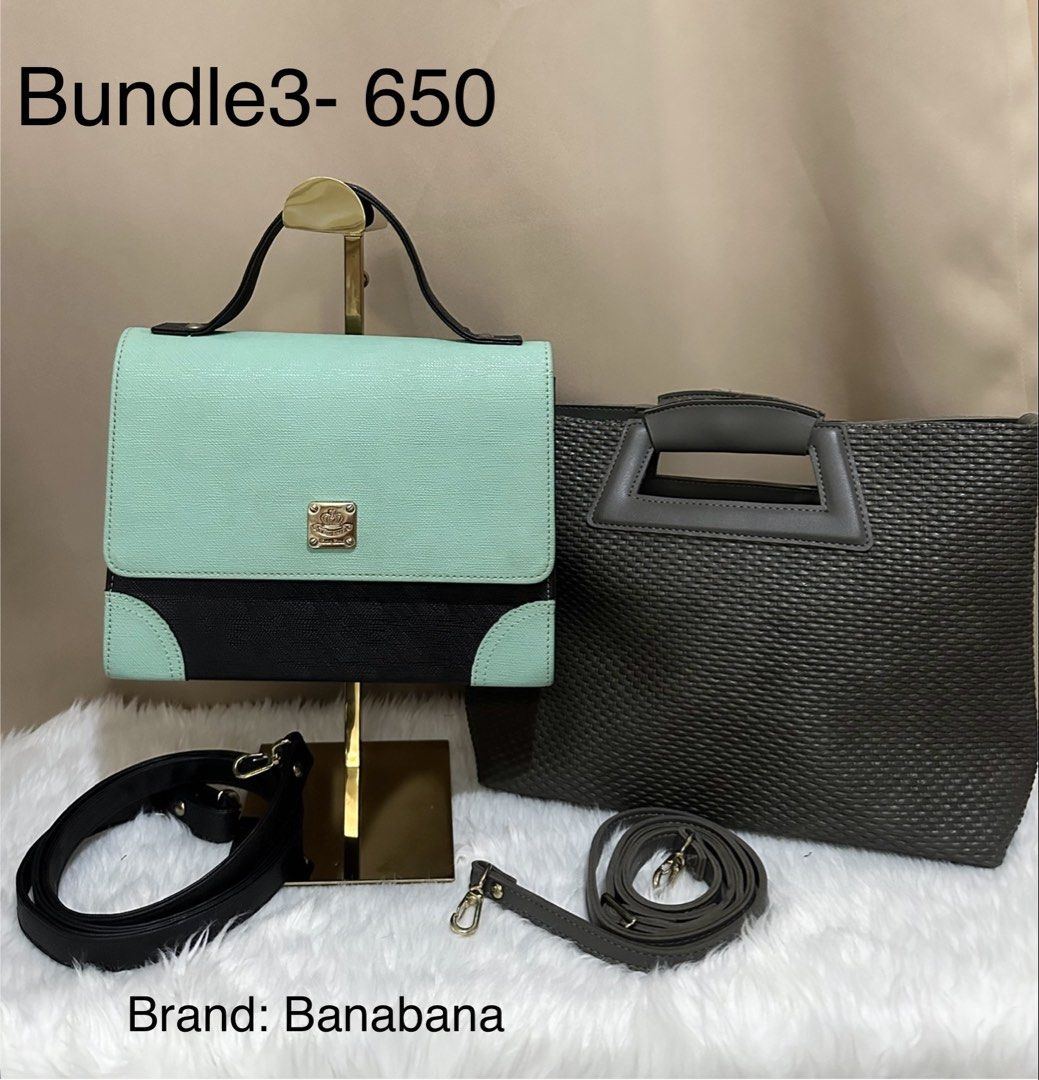Bananaba Handbag Bundle (Category: Luxury Bags & Wallets) located in Rizal. Submitted by stuffbuyph (Listing ID 1438124471, Image 1). Description: - Bundle includes two handbags. - Bag 1: (BANABANA) Mint green and black, top handle, detachable strap. - Bag 2: Dark grey bag, top handle, detachable strap..