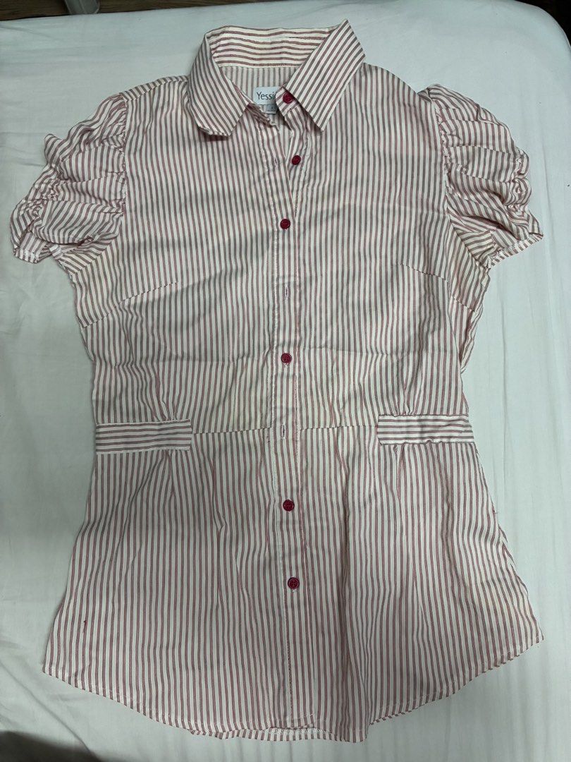 yessica red Stripes office Blouse (Category: Blouses) located in Quezon City. Submitted by habits.mnl (Listing ID 1438196394, Image 1). Description: Fits medium (with slight stains) - Red and white striped blouse - large on tag - Features short, ruched sleeves - Collared neckline - Red button-down front - Minor stains on collar.