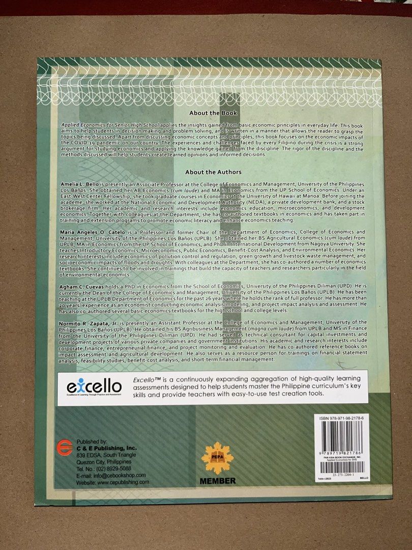 (C&E publishing) Applied Economics for Senior High School (Category: Textbooks) located in Malabon City. Submitted by erichiee (Listing ID 1438247475, Image 2). Description: - Applied Economics textbook for Senior High School - Published by C&E Publishing, Inc. - Authored by Bello, Catelo, Cuevas, and Zapata, Jr. - Covers basic economic principles. - Aims to aid students in decision-making and problem-solving..