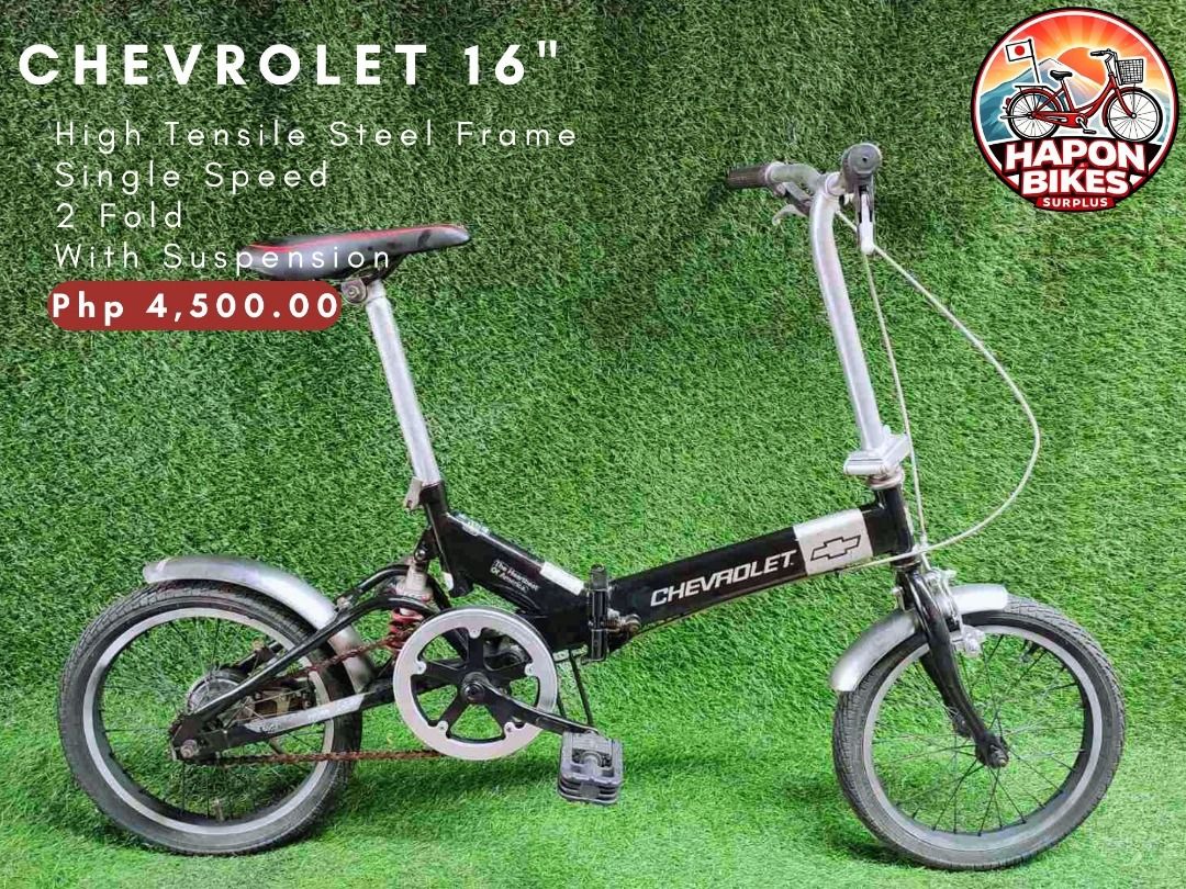 CHEVROLET 16" FOLDING BIKE JAPAN SURPLUS (Category: Bicycles) located in Valenzuela. Submitted by haponbikessurplus (Listing ID 1438123717, Image 1). Description: HIGH TENSILE STEEL FRAME SINGLE SPEED 2 FOLD WITH SUSPENSION COLOR: BLACK.