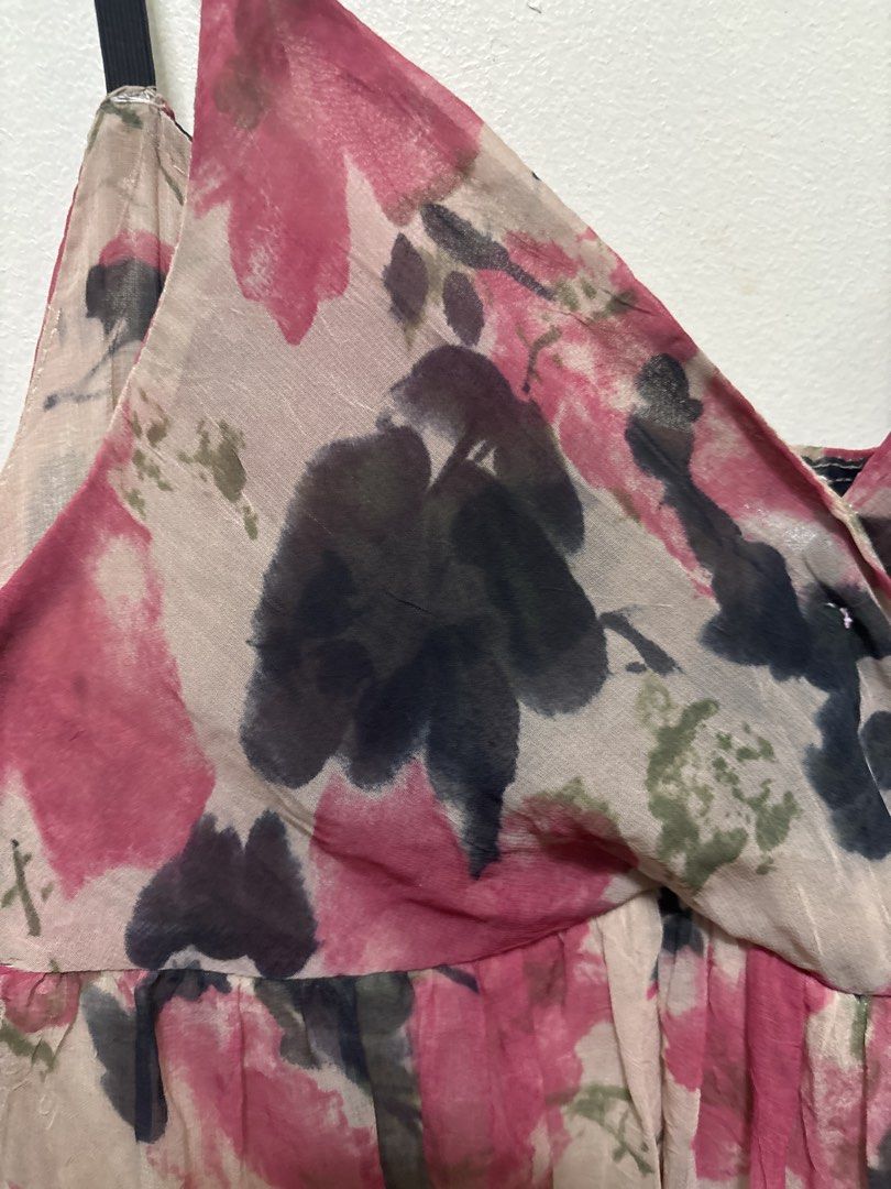 Colour Floral Dress (Category: Dresses) located in Manila. Submitted by kykynsss (Listing ID 1438125704, Image 3). Description: Preloved (Never worn, naka tambak lang sa closet) RFS Declutterring For pick up only at Brgy La Paz Makati Fit -MEDIUM-Large - Floral print V-neck dress - Thin straps - Flowing skirt - Light-colored lining - Brand tag visible - Ideal for casual outings.