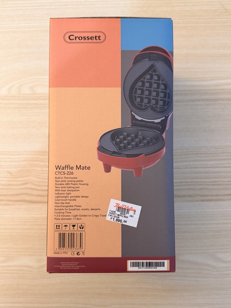 Crossett Waffle Mate CTCS-226 | Waffle Maker (Category: Other Kitchen Appliances) located in Taguig. Submitted by flrncd (Listing ID 1438157720, Image 3). Description: Selling this brand new waffle maker as I already have a bigger waffle maker at home, so this unit has never been opened or used. Selling for P1,300 Original price: P1,995 from True Value Details: * Brand new, never opened/never used * Comes with original box * Compact waffle maker 