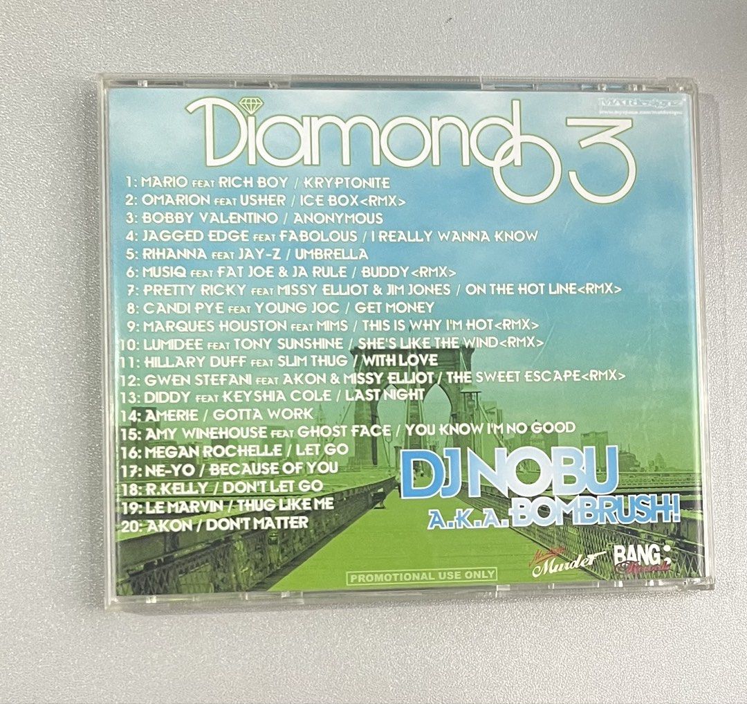 DJ Nobu A.K.A. Bombrush! Diamond 3 CD (Category: CDs & DVDs) located in Pasig City. Submitted by coolbreeze872 (Listing ID 1438212172, Image 2). Description: - "Diamond 3" CD by DJ Nobu A.K.A. Bombrush! - Features tracks from artists like Mario, Rihanna, Usher, Gwen Stefani, Amy Winehouse, Ne-yo, R Kelly, Akon - Comes in its original jewel case. - The disc is green with the title and artist's name. - Tracklist is printed on the back of the case..