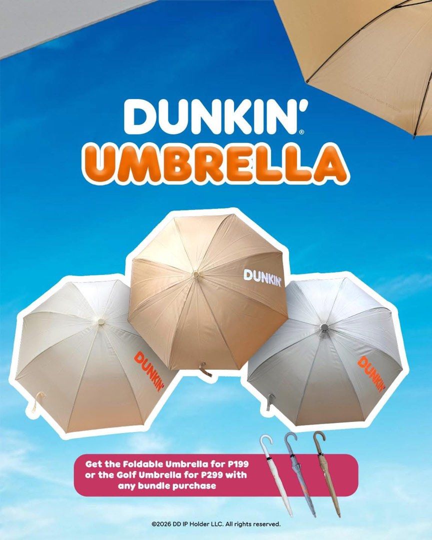 Dunkin’ Golf Umbrella (Category: Umbrellas) located in Manila. Submitted by thepasabuygurlie (Listing ID 1438182834, Image 1). Description: - Dunkin' Golf Umbrella - Stylish design - Durable material - Perfect for sun or rain - Colors: White, Brown, Gray.