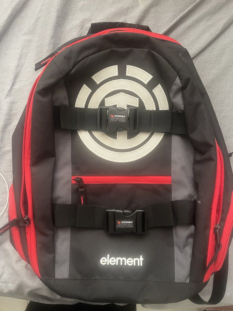 Element Mohave Backpack (Category: Backpacks) located in Cebu City. Submitted by hellyeah.finds (Listing ID 1438145893, Image 1). Description: Element Skate Bag - Element Mohave backpack - Color scheme: Black, red, and gray - Large Element logo on front - Adjustable straps - Zippered front pocket - Two side zippers - Interior label: "Made to Endure".