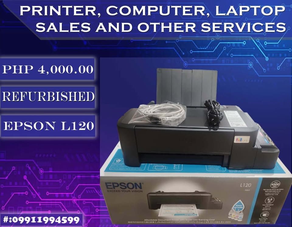 Epson L120 Printer Only (Category: Printers, Scanners & Copiers) located in Binan City. Submitted by chloe_sales (Listing ID 1438162862, Image 1). Description: Epson L120 Printer Only Price: Php 4,000 ✅ Good as new, refurbished ✅ Printer only ✅ 3mos warranty ✅ Good as new ✅ Pwedeng magprint upto long size paper ✅ With dye ink on tank ✅ With box ✅ Complete accessories (power cable and usb cable) ✅ Ready to use For pick up and shipping available, s