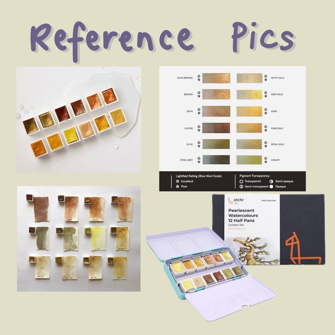 Etchr Lab Watercolor Set (Category: Craft Supplies & Tools) located in Manila. Submitted by qt_patootie (Listing ID 1438248641, Image 2). Description: - Etchr Lab Watercolor Set (Golden Set) - Includes pearlescent watercolors (12 half pans) - Comes with a hot press watercolor paper sketchbook - Features metallic shades - Ideal for artists seeking shimmering effects - Pickup available in Fairview, QC / Manila.