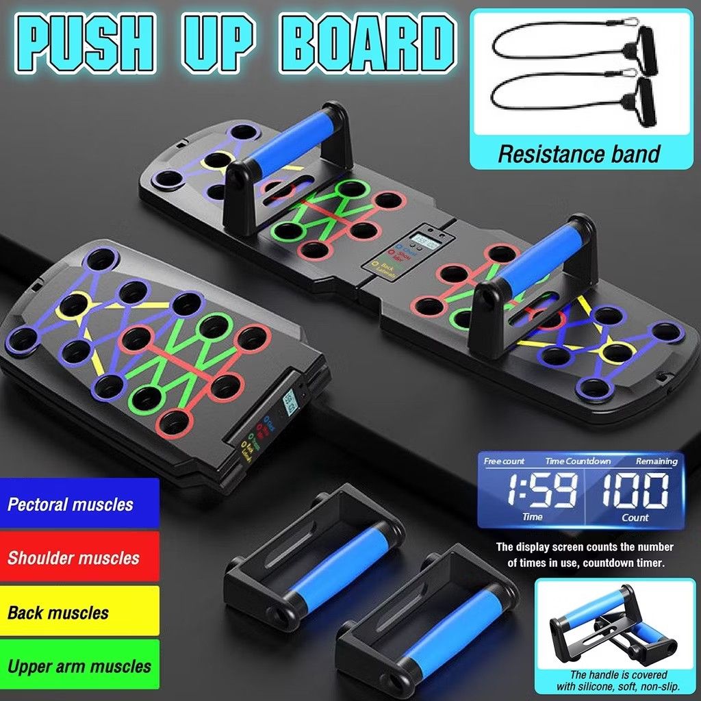 Foldable Push Up Board (Category: Weights & Dumbbells) located in Antipolo. Submitted by anyyyyy03 (Listing ID 1438276020, Image 2). Description: - Multi-functional push-up board for chest, shoulders, back, and arms. - Foldable and detachable design for easy storage and portability. - Color-coded positions for targeted muscle training. - Includes comfortable handles. - Made of durable materials. - Size: 20 x 64.5 cm..
