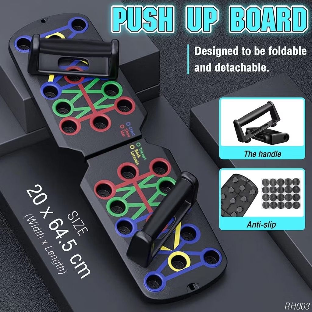 Foldable Push Up Board (Category: Weights & Dumbbells) located in Antipolo. Submitted by anyyyyy03 (Listing ID 1438276020, Image 3). Description: - Multi-functional push-up board for chest, shoulders, back, and arms. - Foldable and detachable design for easy storage and portability. - Color-coded positions for targeted muscle training. - Includes comfortable handles. - Made of durable materials. - Size: 20 x 64.5 cm..