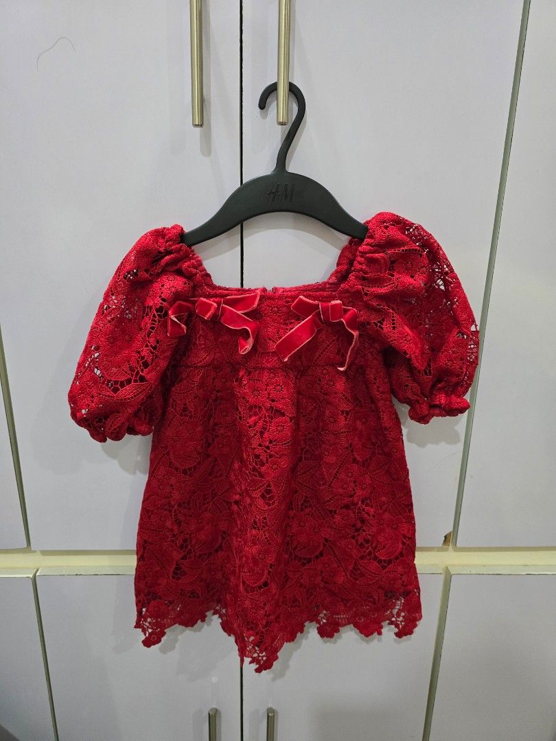 Gingersnaps Red Lace Dress (Category: Babies & Kids Fashion) located in San Jose. Submitted by shobe__ (Listing ID 1438118450, Image 1). Description: - Gingersnaps red lace dress - Size: 4Y - Features: Short sleeves, delicate lace design, velvet bow detail - Condition: Excellent - Perfect for special occasions.
